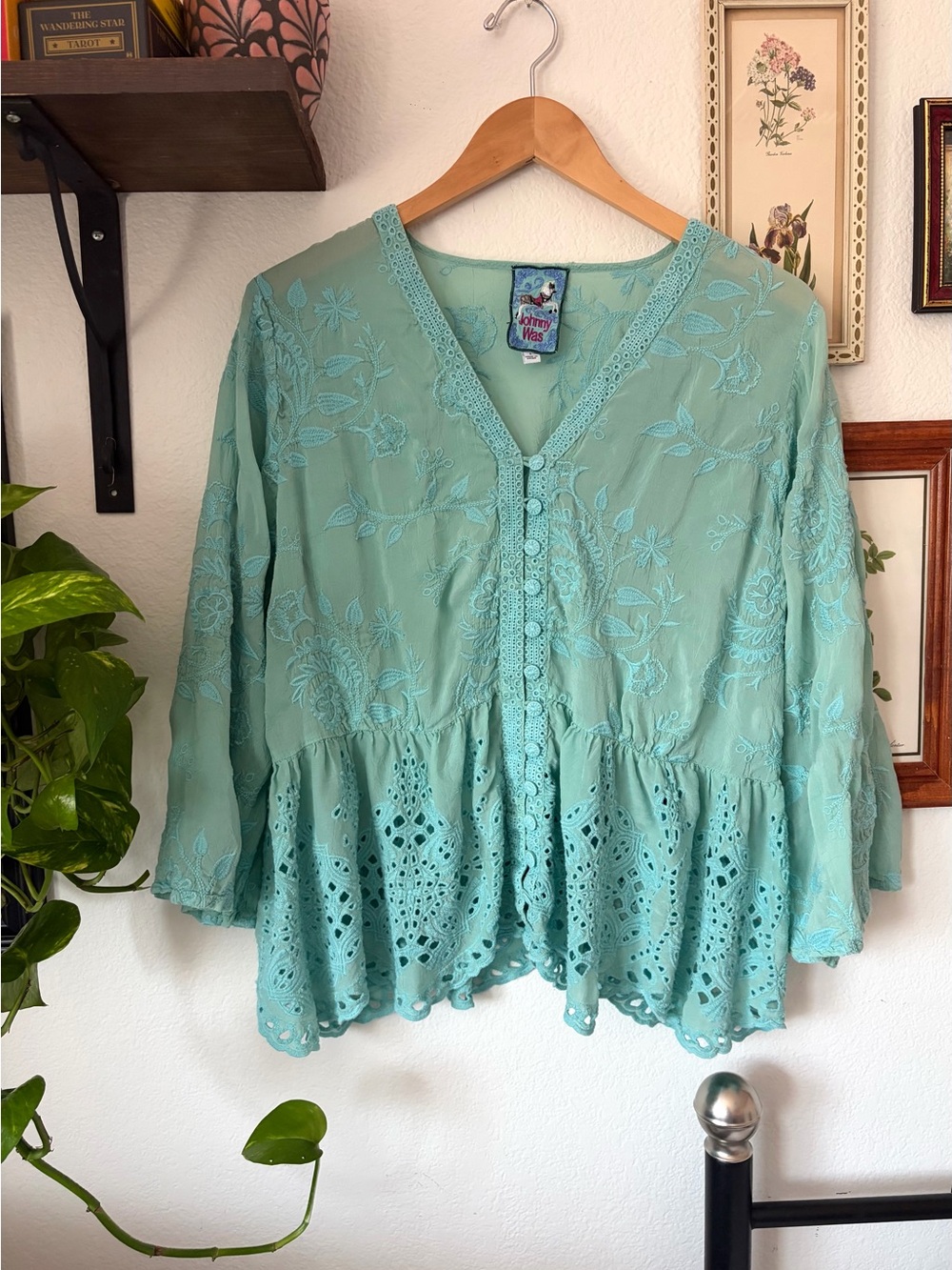Johnny Was Ingrid Reveka Blouse Marine Blue Embroidered Peplum Tunic Large